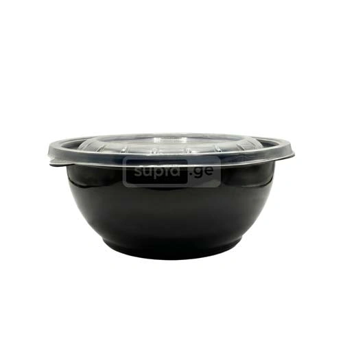 ერთჯერადი პლასტმასის მრგვალი შავი კონტეინერი თავსახურით 1000მლ 1*100ც